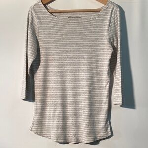 Eddie Bauer White and Light Gray Striped 3/4 Sleeve Top